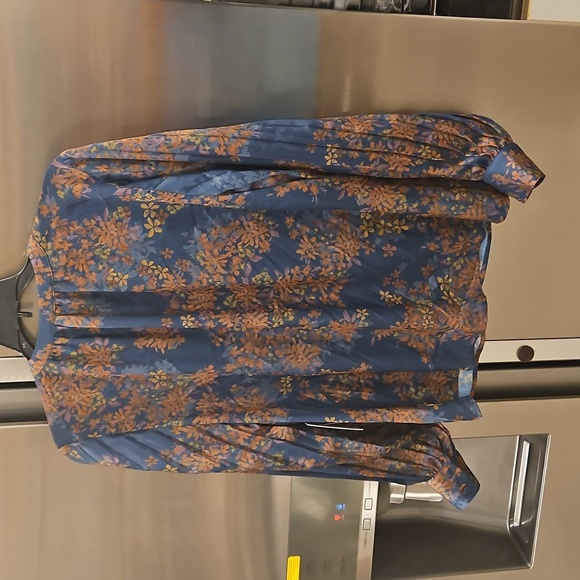 💕SKIES ARE BLUE💕Long-Sleeve Button-Down Blouse ~ Teal Mustard Print  NWT - Picture 9 of 14